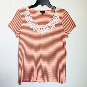 Talbots Orange/White Striped Detailed Neck Blouse